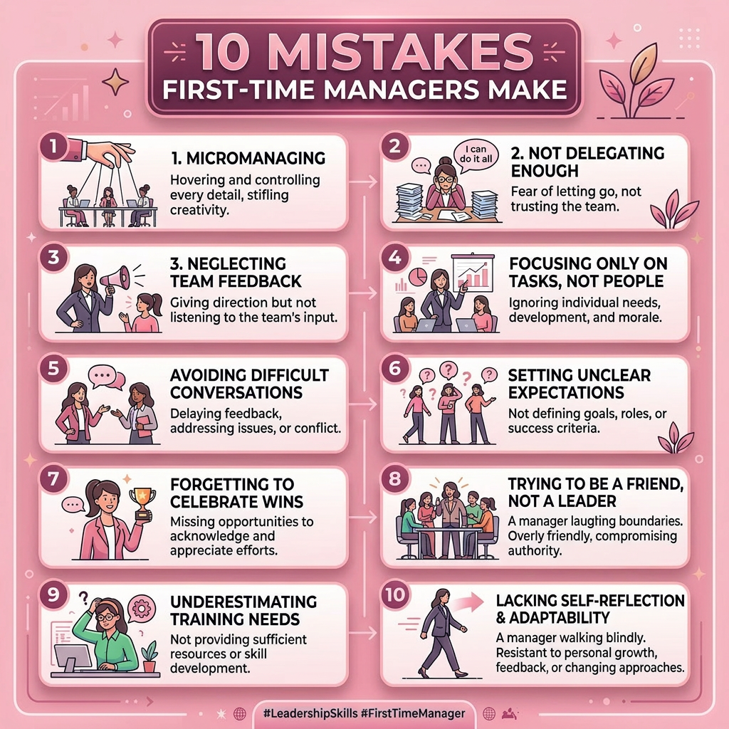 Common pitfalls of first-time managers List of 10 common mistakes first-time managers make including micromanaging, not delegating, neglecting feedback, and more